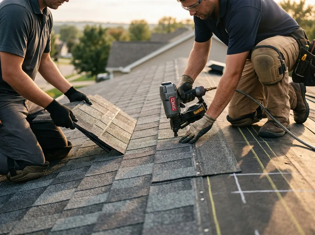 Professional roofer working on a residential roof in Orleans